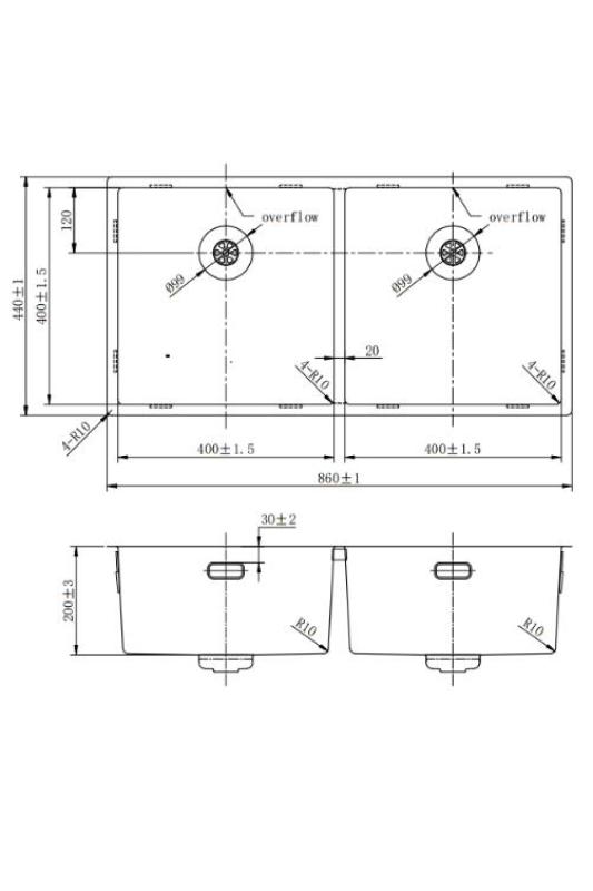 Pure.Sink Prestige Dobbelt rustfrit stål vask 82x40 cm 10mm radius underbygning, fladbygning og overbygning PPG404040-02