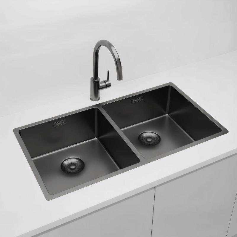 Pure.Sink Prestige Dobbelt Gun metal vask 82x40 cm 10mm radius undermontering, plan montering og overbygning PPG404040-61