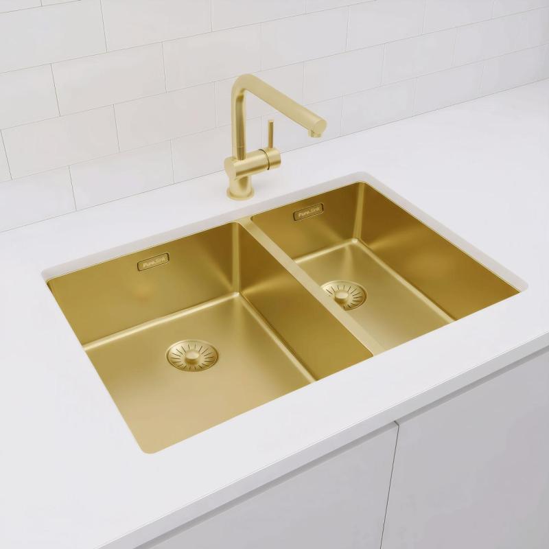 Pure.Sink Exclusivo Guld 1,5 halvanden vask 34+18 cm 10mm radius PEX341840-60