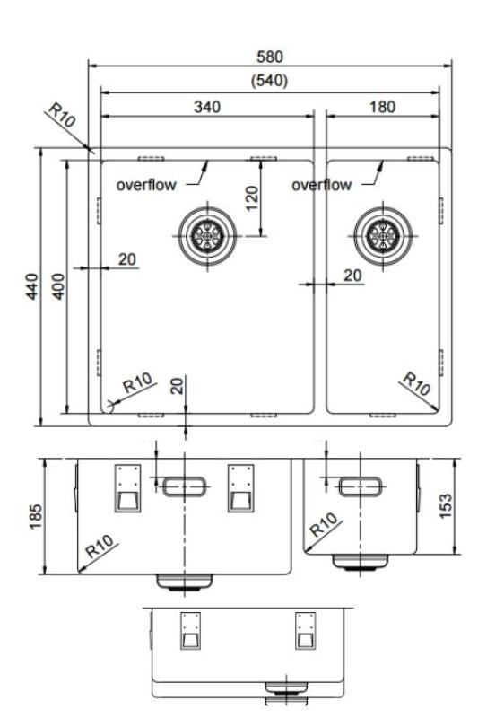 Pure.Sink Exclusivo Guld 1,5 halvanden vask 34+18 cm 10mm radius PEX341840-60