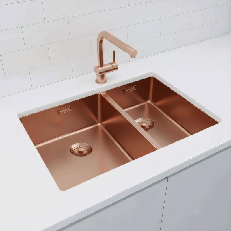 Pure.Sink Exclusivo Kobber 1,5 halvanden håndvask 34+18 cm 10mm radius PEX341840-62