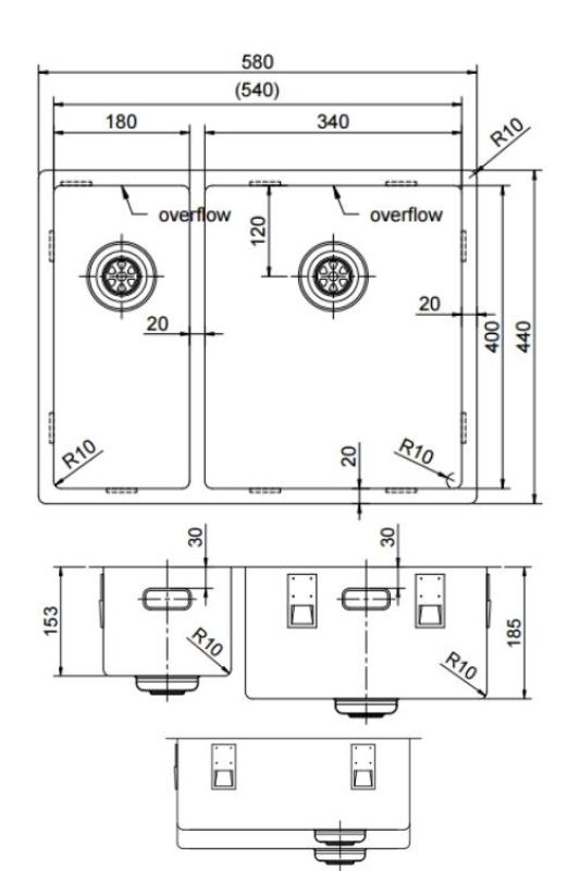Pure.Sink Exclusivo RVS 1,5 halvanden vask 18+34 cm 10mm radius PEX183440-02
