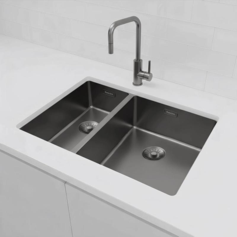 Pure.Sink Exclusivo Gun Metal 1,5 halvanden vask 18+34 cm 10mm radius PEX183440-61