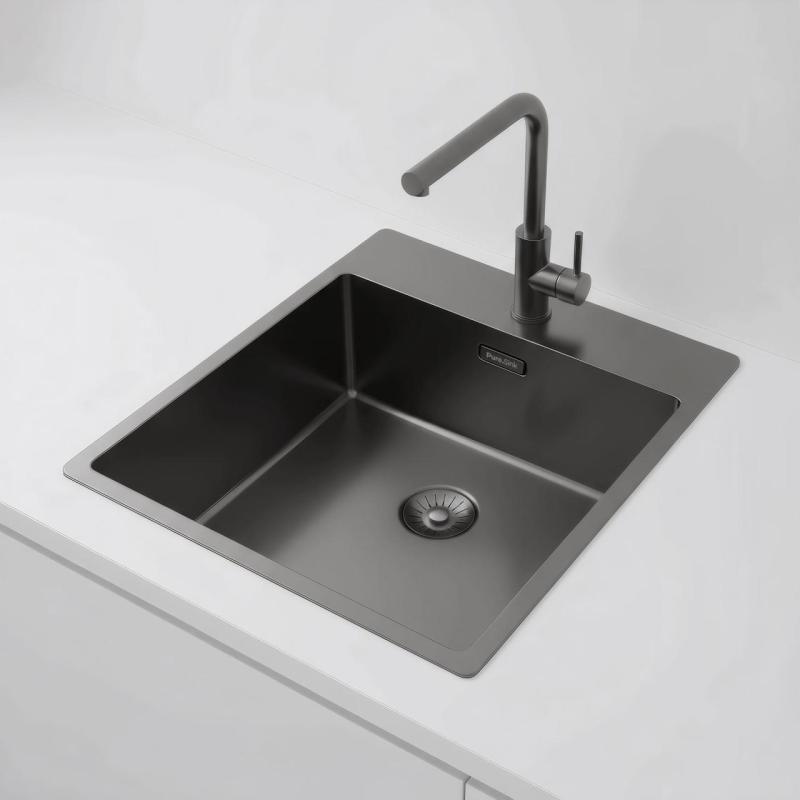 Pure.Sink Exclusivo Gun Metal vask 44x52 cm Tapwing med hanehulbank 10mm radius PEX4040T-61