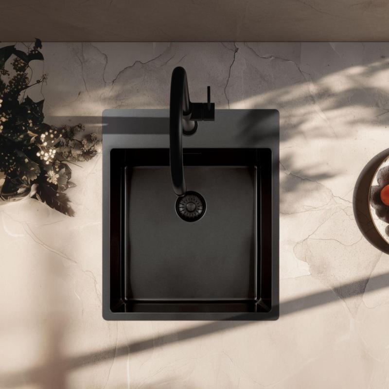 Pure.Sink Exclusivo Gun Metal vask 44x52 cm Tapwing med hanehulbank 10mm radius PEX4040T-61