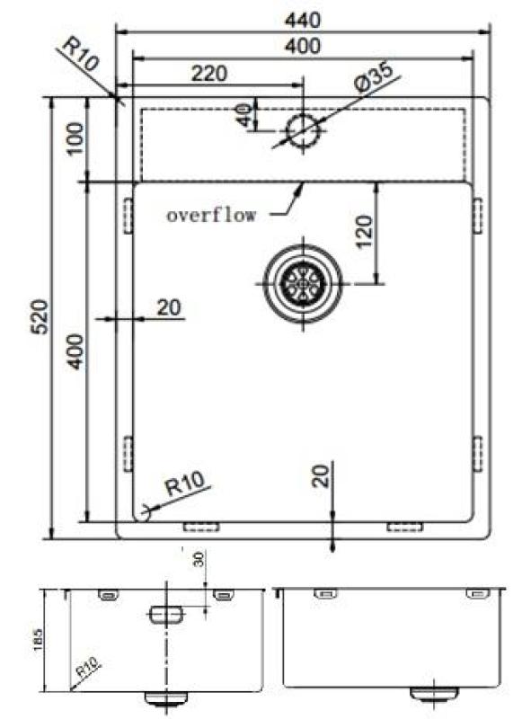Pure.Sink Exclusivo Gun Metal vask 44x52 cm Tapwing med hanehulbank 10mm radius PEX4040T-61