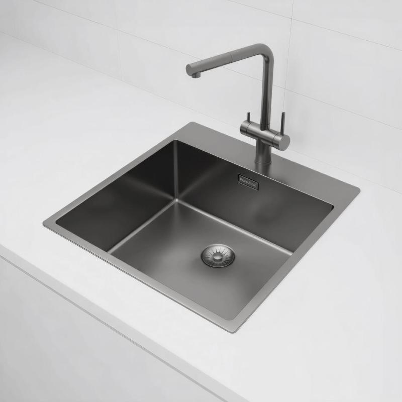 Pure.Sink Exclusivo Gun Metal vask 49x52 cm Tapving med hanehulbænk 10mm radius PEX4540T-61