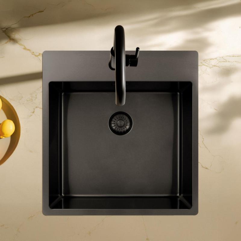 Pure.Sink Exclusivo Gun Metal vask 49x52 cm Tapving med hanehulbænk 10mm radius PEX4540T-61