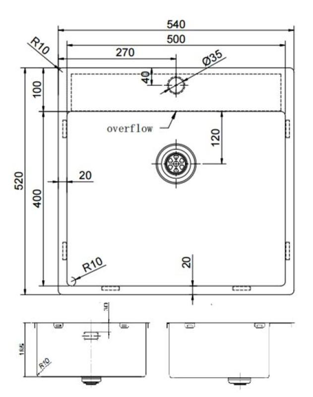 Pure.Sink Exclusivo RVS vask 54x52cm Tapwing med hanehulbænk 10mm radius PEX5040T-02
