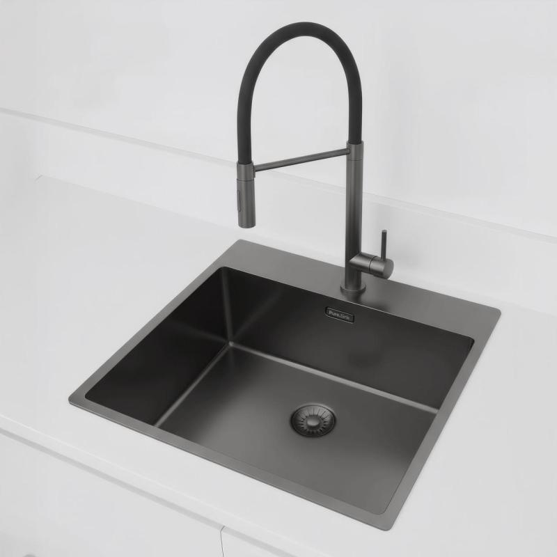 Pure.Sink Exclusivo Gun Metal vask 54x52 cm Tapwing med hanehulbænk 10mm radius PEX5040T-61