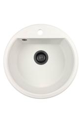 GraniteMy Bremen rund granitvask 43 cm hvid topmontering og undermontering med kranhulbænk med sort prop 1208971312