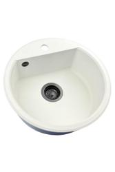 GraniteMy Bremen rund granitvask 43 cm hvid topmontering og undermontering med kranhulbænk med sort prop 1208971312