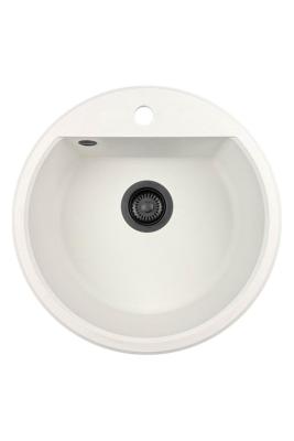 GraniteMy Bremen rund granitvask 43 cm hvid topmontering og undermontering med kranhulbænk med sort prop 1208971312