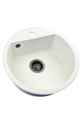 GraniteMy Bremen rund granitvask 43 cm hvid topmontering og undermontering med kranhulbænk med sort prop 1208971312