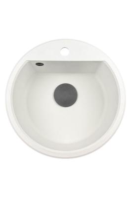 GraniteMy Bremen rund granitvask 43 cm hvid topmontering og undermontering med kranhulbænk med sort prop 1208971312