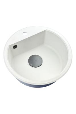 GraniteMy Bremen rund granitvask 43 cm hvid topmontering og undermontering med kranhulbænk med sort prop 1208971312