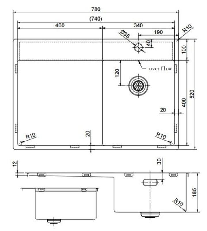 Pure.Sink Exclusivo Gun Metal lille vask med dræningsområde 78x52 cm Tapwing højre PEX3478RT-61
