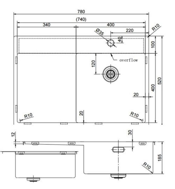 Pure.Sink Exclusivo RVS vask med afløbsområde 78x52 cm Tapwing til højre PEX4078RT-02