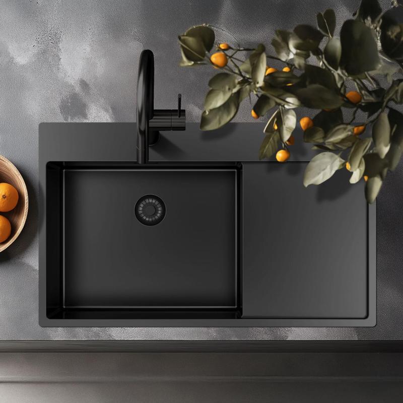 Pure.Sink Exclusivo Gun Metal vask med dræningsområde 86x52 cm Tapwing venstre PEX5086LT-61