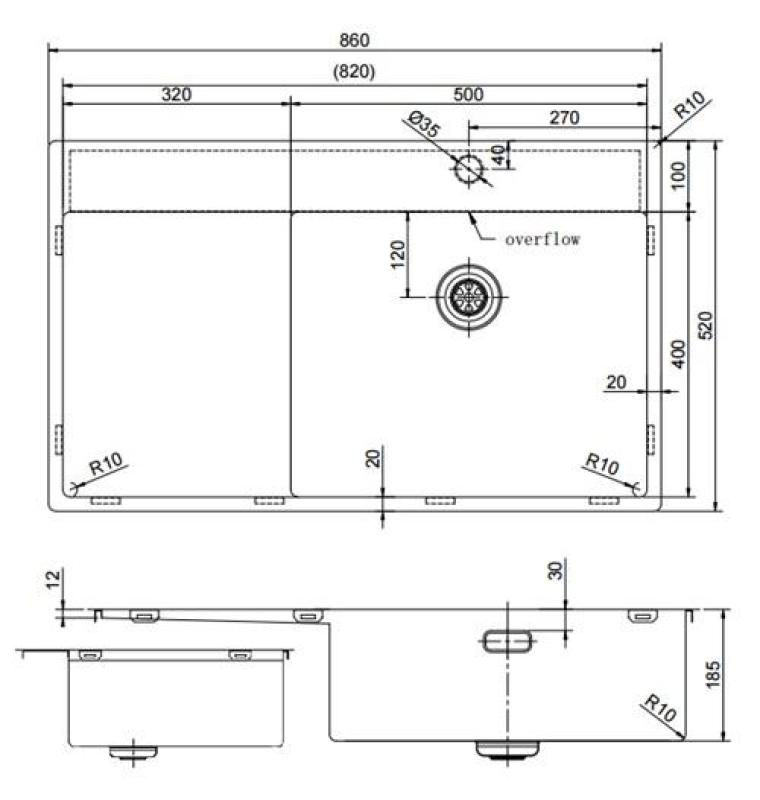 Pure.Sink Exclusivo RVS vask med dræningsområde 86x52 cm Tapwing til højre PEX5086RT-02