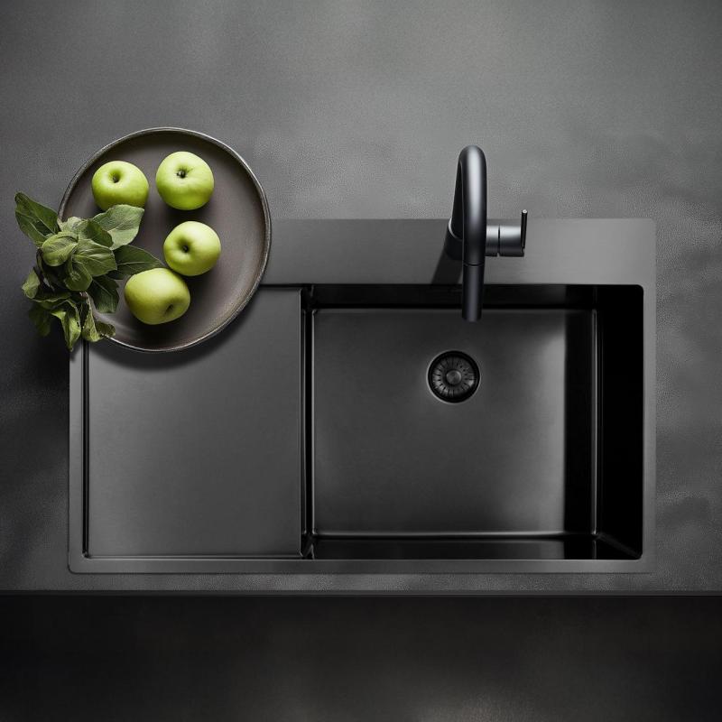 Pure.Sink Exclusivo Gun Metal vask med drypområde 86x52 cm Tapwing højre PEX5086RT-61