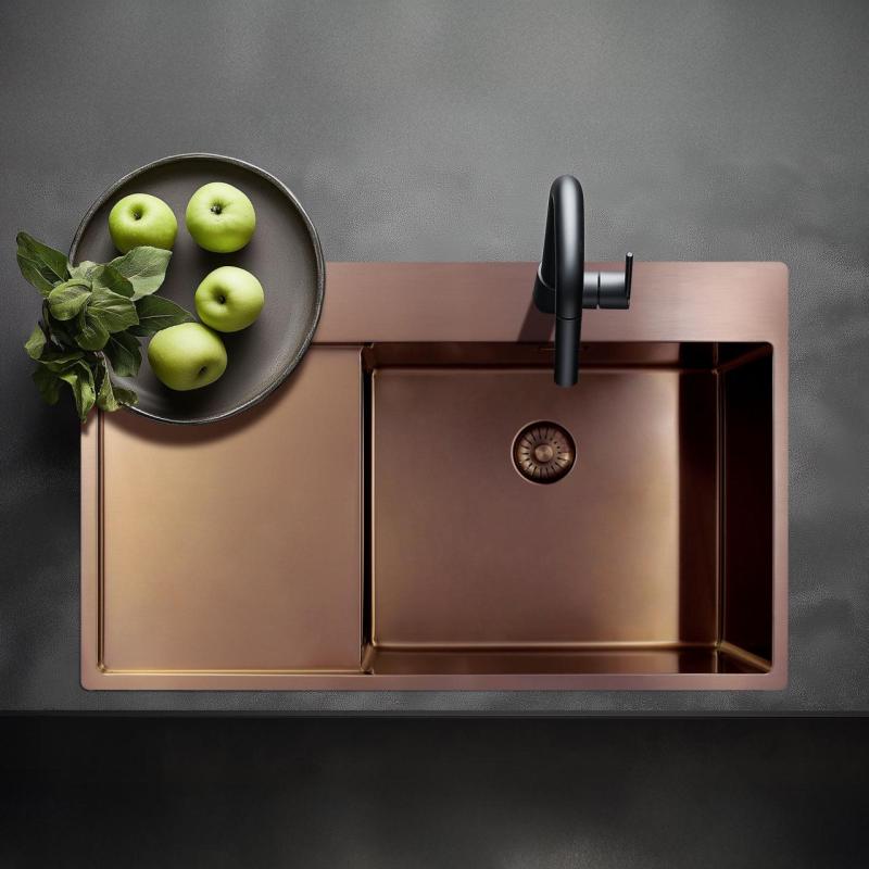 Pure.Sink Exclusivo Kobber køkkenvask med afløbsområde 86x52 cm Tapving højre PEX5086RT-62