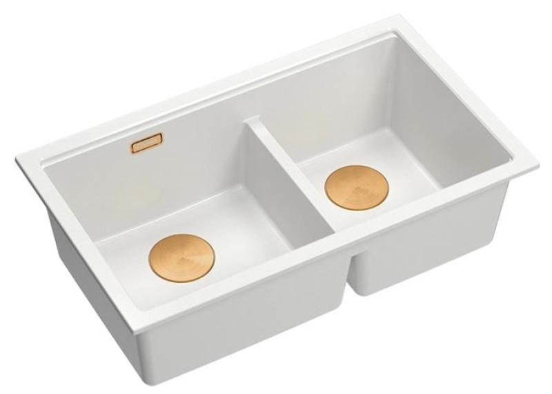 Quadri Newport II Dobbelt Hvid Granit Undermonteret Vask 702 x 390 mm med Kobber prop 1208971373