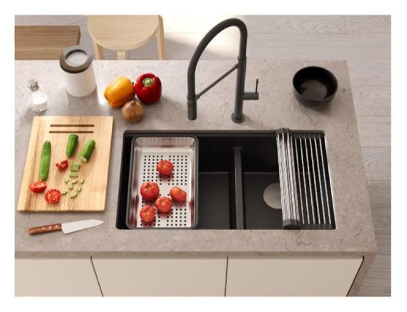 Quadri Newport II Dobbelt Hvid Granit Undermonteret Vask 702 x 390 mm med Kobber prop 1208971373