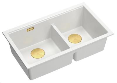 Quadri Newport II Dobbelt Hvid Granit Undermonteret Vask 702 x 390 mm med Guld Prop 1208971378