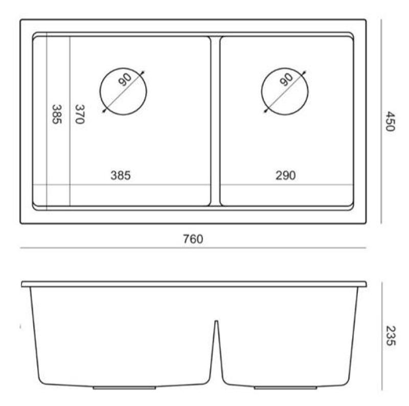 Quadri Newport II Dobbelt Grå Granit Undermonteret Vask 702 x 390 mm med Guldprop 1208971380