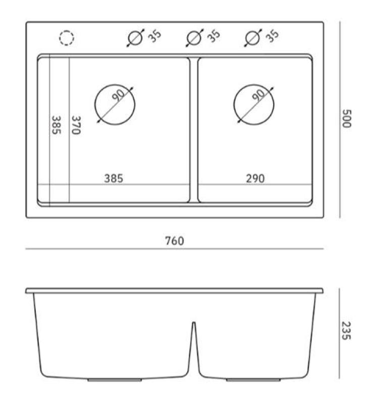 Quadri Hard Rock Dobbelt Hvid Granit Overfladevask 76x50 cm med Guld prop og tilbehør 1208971392