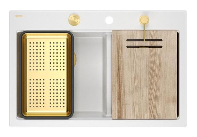 Quadri Hard Rock Dobbelt Hvid Granit Overfladevask 76x50 cm med Guld prop og tilbehør 1208971392