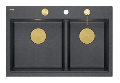 Quadri Hard Rock Dobbelt Antracit Granit Overflade Vask 76x50 cm med Guld propp og tilbehør 1208971393