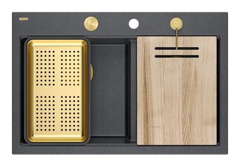 Quadri Hard Rock Dobbelt Antracit Granit Overflade Vask 76x50 cm med Guld propp og tilbehør 1208971393