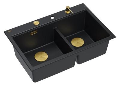 Quadri Hard Rock Dobbelt Sort Granit Overflade Vaske 76x50 cm med Guld prop og tilbehør 1208971395