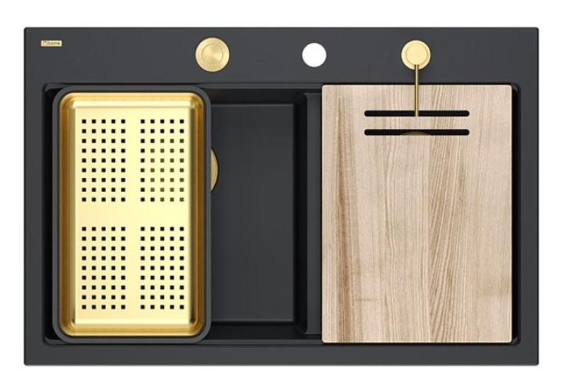 Quadri Hard Rock Dobbelt Sort Granit Overflade Vaske 76x50 cm med Guld prop og tilbehør 1208971395