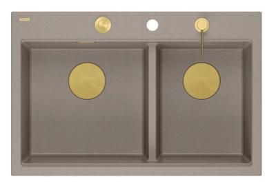 Quadri Hard Rock Dobbelt Taupe Granit Overbygning Vask 76x50 cm med Guld prop og tilbehør 1208971396