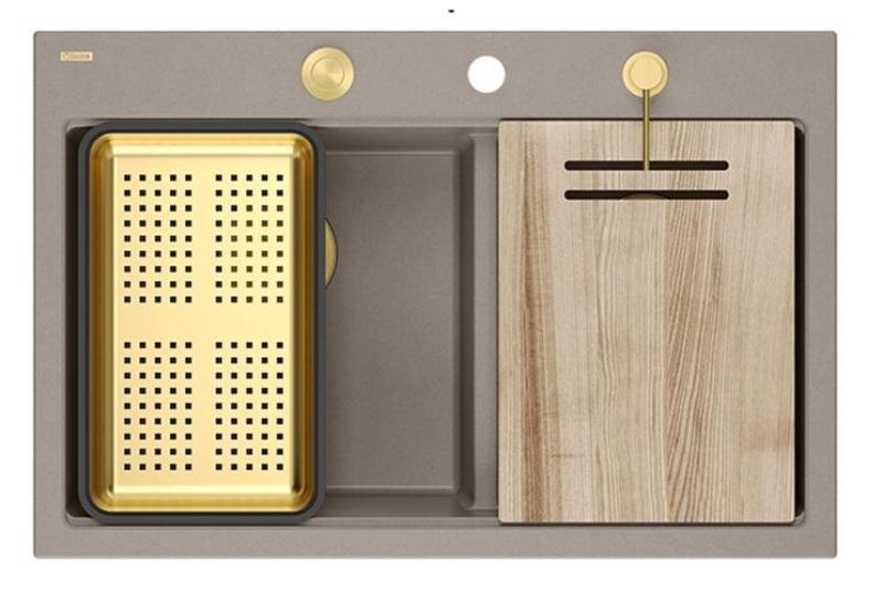 Quadri Hard Rock Dobbelt Taupe Granit Overbygning Vask 76x50 cm med Guld prop og tilbehør 1208971396