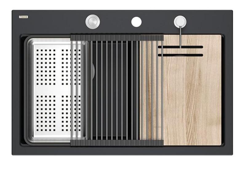 Quadri Hard Rock Dobbelt Sort Granit Overfladevask 76x50 cm med rustfrit stål prop og tilbehør 1208971401