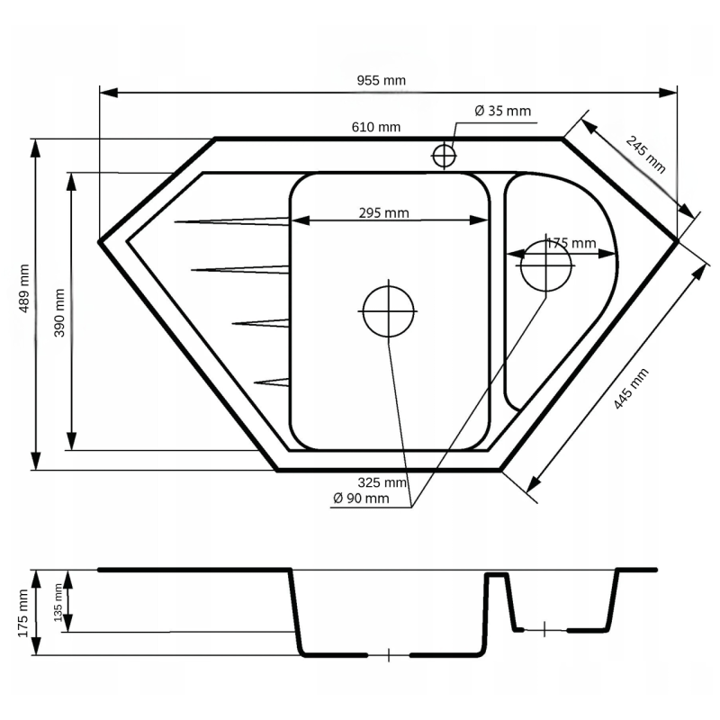 Graniteland Amiata Granite gray corner sink, surface mounted, 955x489mm, with stainless steel plug 1208971419