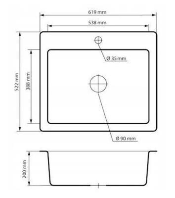 Graniteland Vastone Granitvask 619x522 mm Sort Overflade med Hanehul og Rustfrit Stål Prop 1208971443