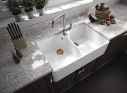 Ausmann Ceramic Mira Keramisk Hvid Dobbeltvask - Undermontering og Mellemmontering 793 x 450 mm med hanehul og Kobberprop 1208971477