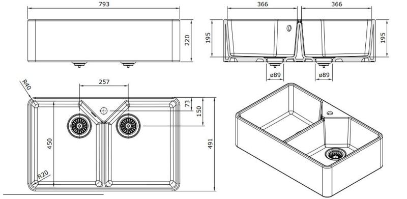 Ausmann Ceramic Mira Ceramic White Double Sink - Undermount and Intermediate Construction 793 x 450 mm with faucet hole bench and Gun metal plug 1208971478