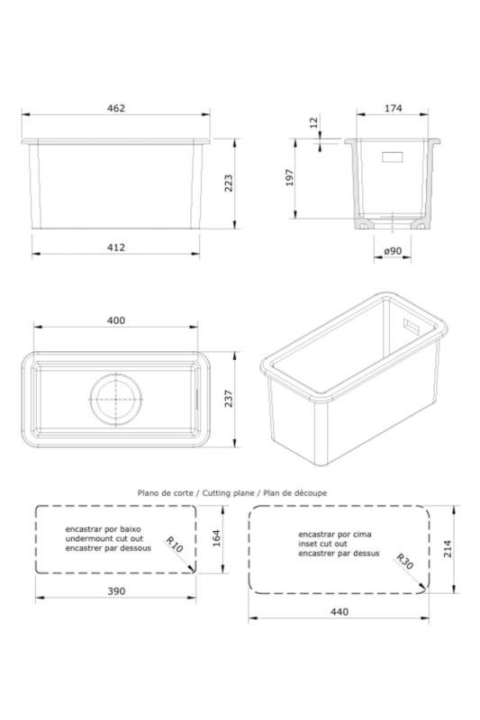 Ausmann Ceramic Ember Ceramic White Half Sink Top Mount and Undermount 174 x 400 mm with Gold Plug 1208971501