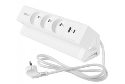 Basco møbelstik, 3 x stik med jordforbindelse, USB A+C, 1,5m kabel, hvid med montering