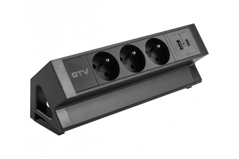 Basco møbelstik, 3 x stik med jordforbindelse, USB A+C, 1,5m kabel, sort med montering