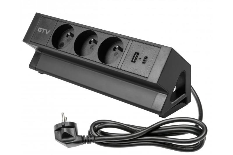 Basco møbelstik, 3 x stik med jordforbindelse, USB A+C, 1,5m kabel, sort med montering