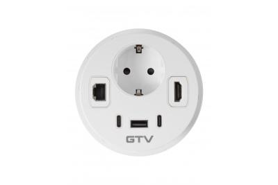 Møbelstik RONDO, 1xSCHUKO, 1xUSB-A, 2xUSB-C, HDMI, RJ45 kabel 1,5 m, hvid