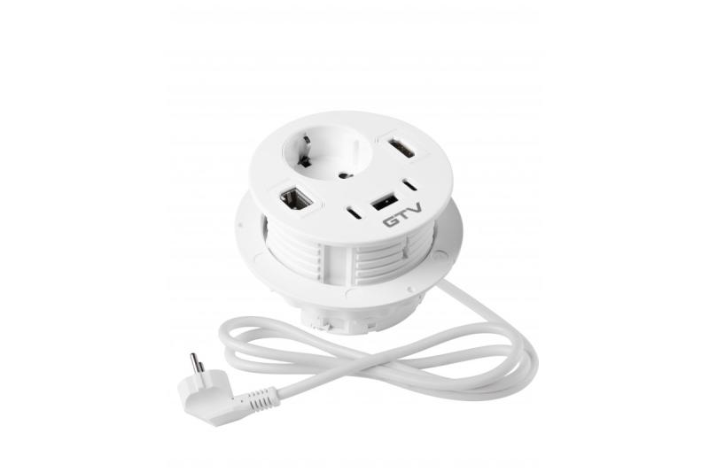 Møbelstik RONDO, 1xSCHUKO, 1xUSB-A, 2xUSB-C, HDMI, RJ45 kabel 1,5 m, hvid