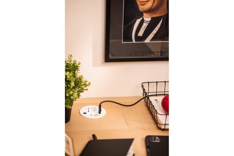 Møbelstik RONDO, 1xSCHUKO, 1xUSB-A, 2xUSB-C, HDMI, RJ45 kabel 1,5 m, hvid